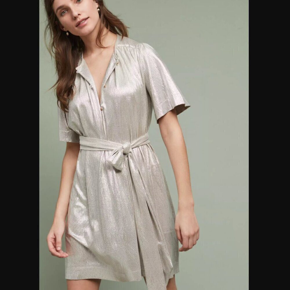 Anthropologie Sabina Musayev Mercury Metallic Gold Silver Shirt Dress S - Picture 1 of 11